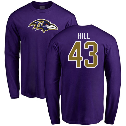 Men Baltimore Ravens Purple Justice Hill Name and Number Logo NFL Football #43 Long Sleeve T Shirt